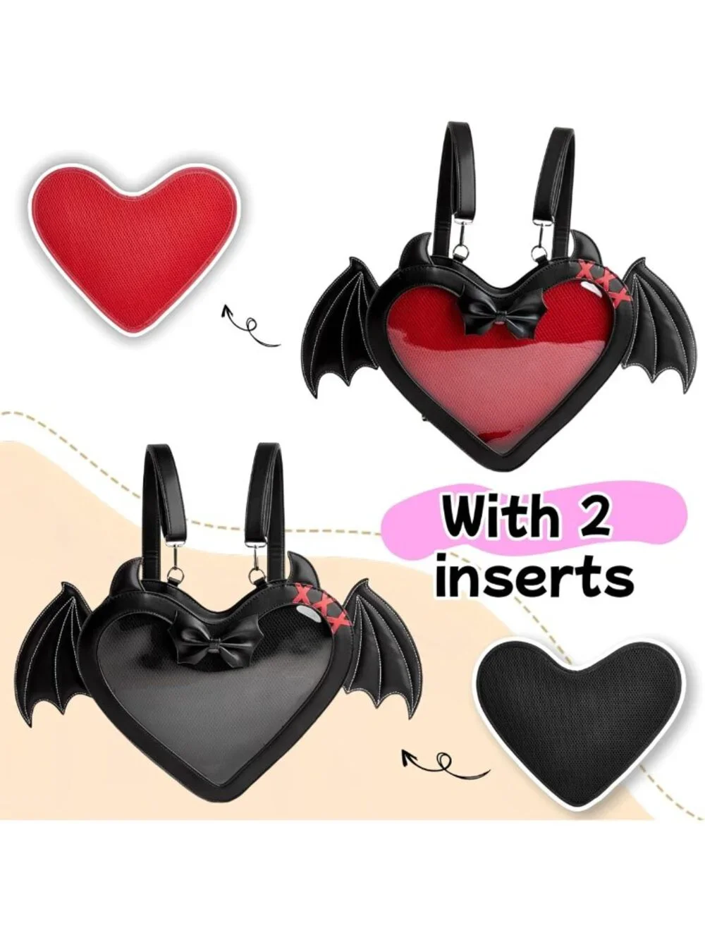 Gothic Heart Ita Bag Backpack Crossbody Purse with Bat Wings - Stylish & Unique